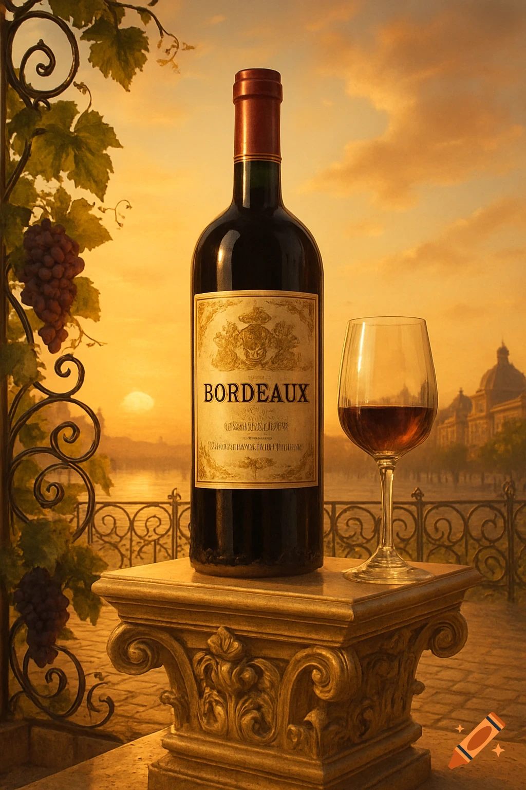 A photorealistic image of a wine bottle and a glass of red wine on a stone pedestal, set against a sunset over a body of water with distant buildings.