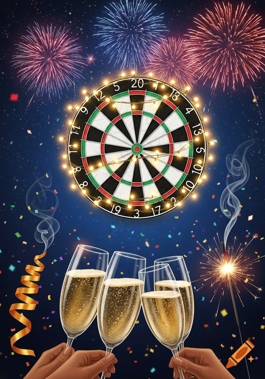 Hands toast champagne glasses under a vibrant night sky with fireworks, a light-up dartboard, and confetti.