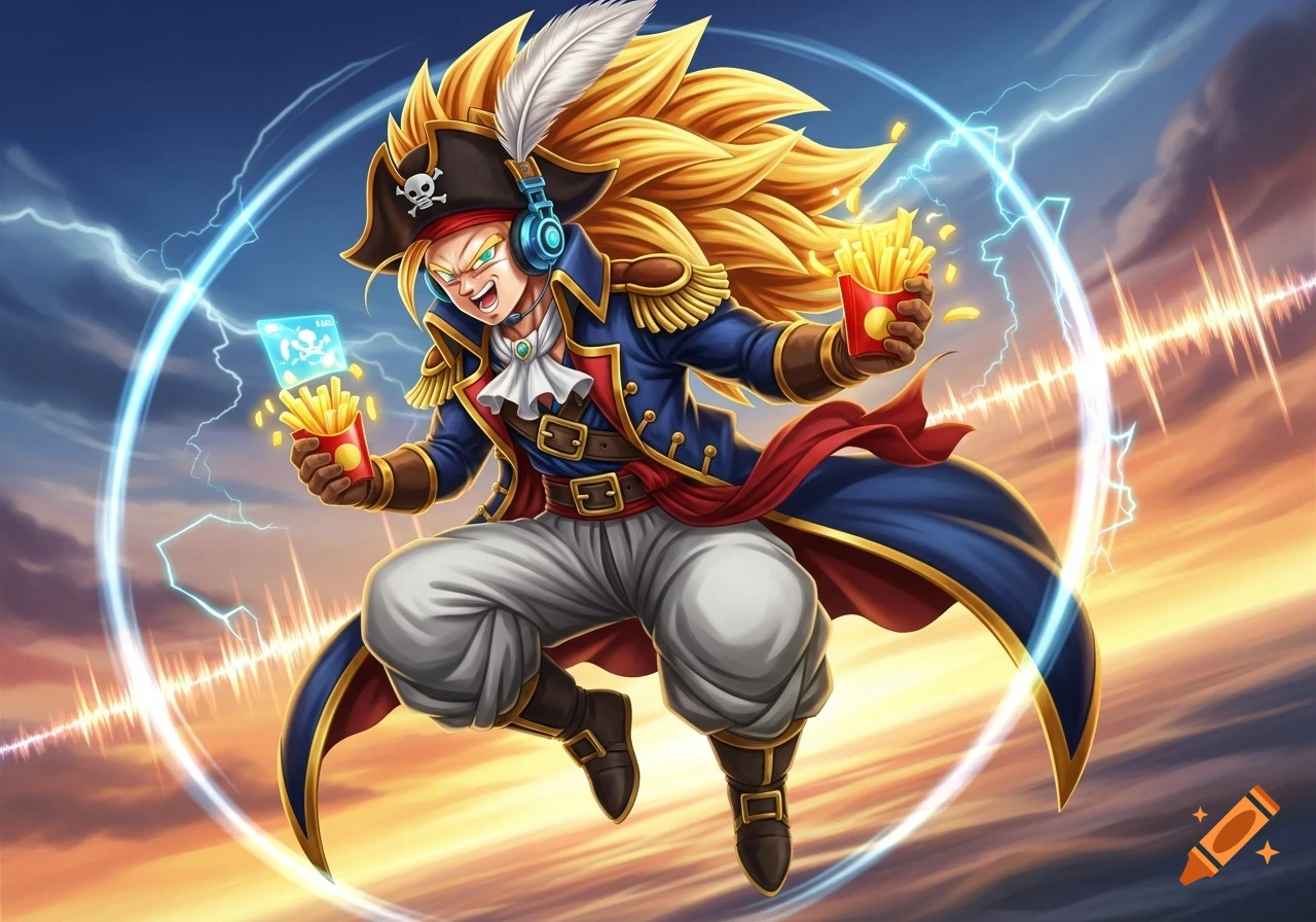 A cartoon Super Saiyan pirate captain with long blonde hair, wearing a feathered pirate hat and headphones, holding french fries and a glowing card, surrounded by lightning and an energy field.