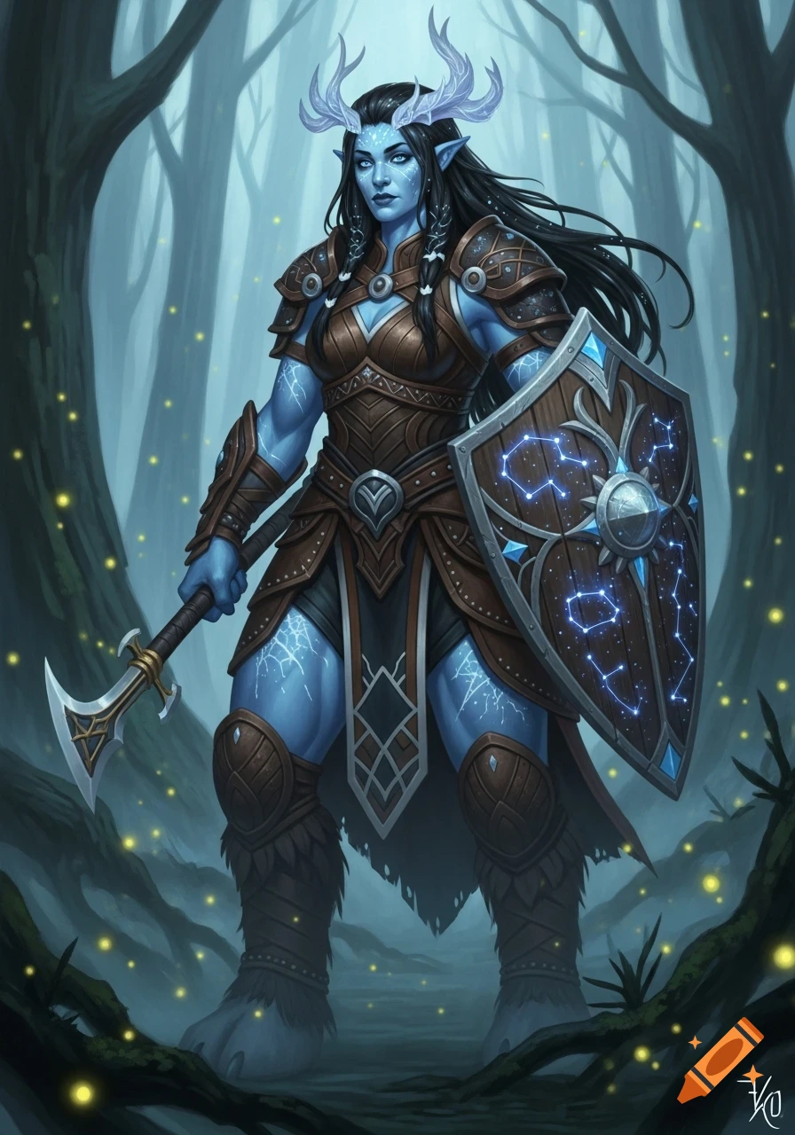 A blue-skinned female goliath druid with antlers and dark hair, wearing leather armor, holds an axe and a constellation-embellished shield in a glowing forest.