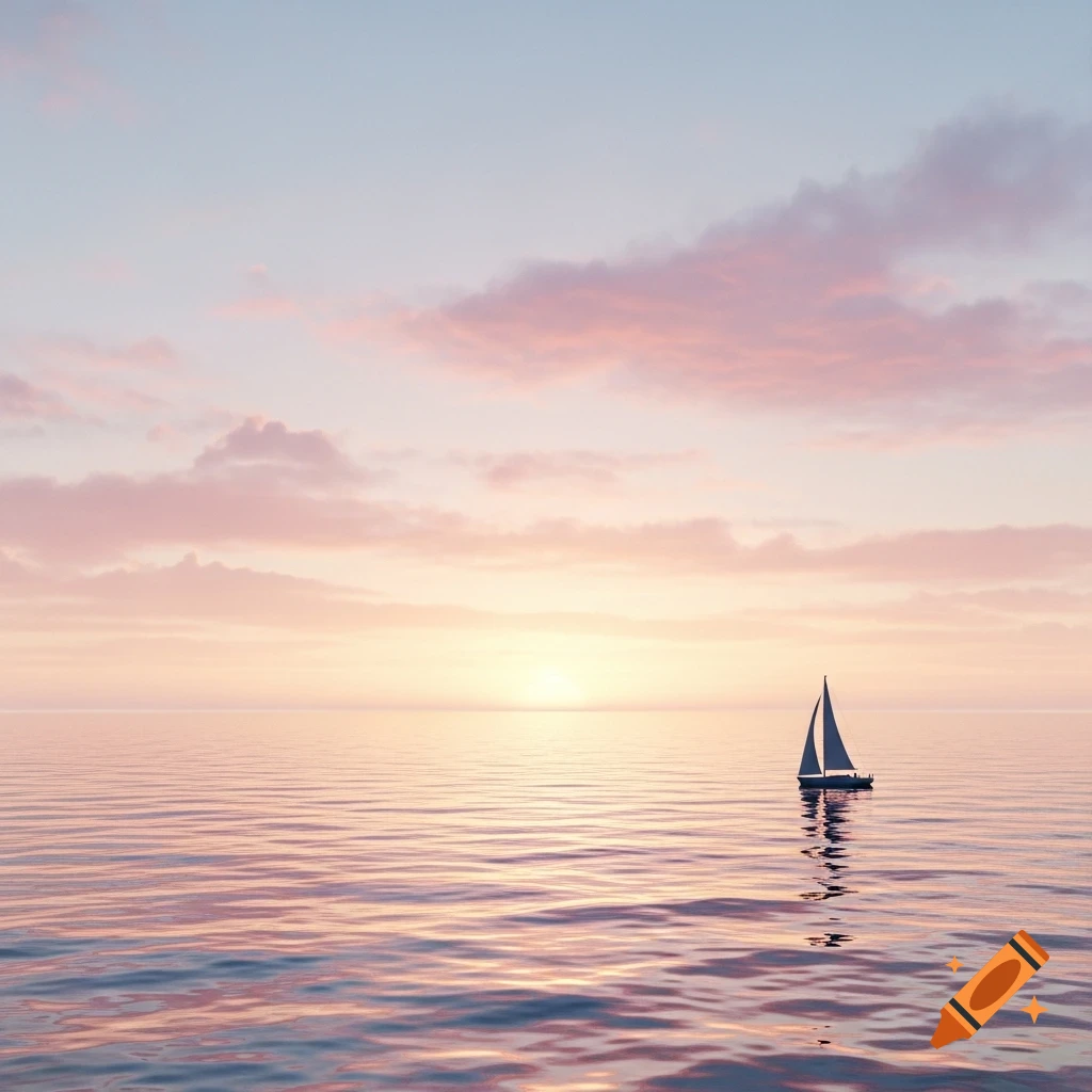 A sailboat glides across the calm ocean at sunset, with soft pink and blue clouds in the sky.