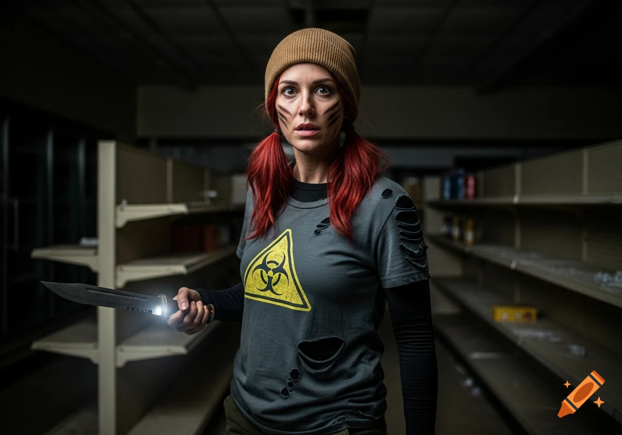 A photorealistic woman with red pigtails, a beanie, and a ripped biohazard shirt holds a Bowie knife in a dark, abandoned store, looking scared.