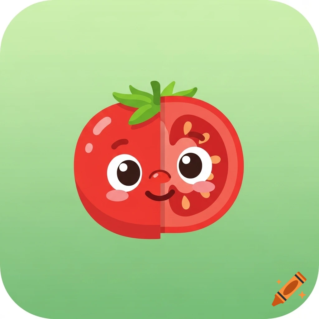 Cute cartoon tomato mascot, half-visible, smiling against a soft green gradient background, in a rounded square app icon style.