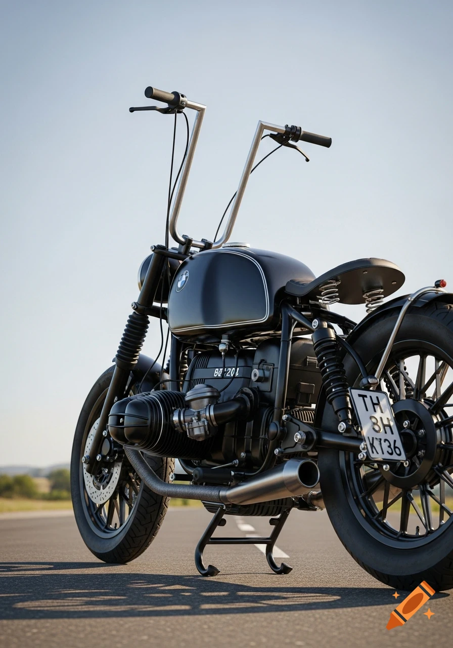 A black BMW R100 Bobber motorcycle with high handlebars, parked on asphalt. Photorealistic.
