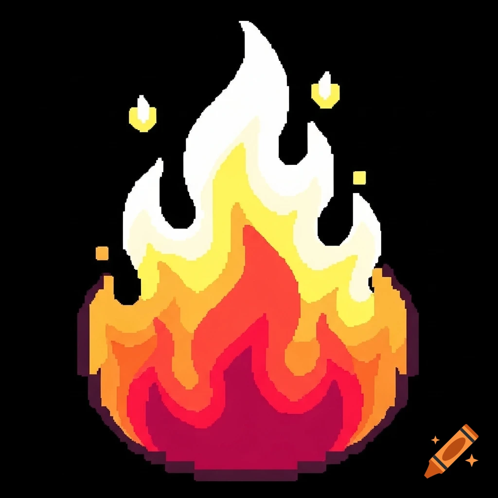A pixelated fire emoji on a black background, with shades of white, yellow, orange, and red.