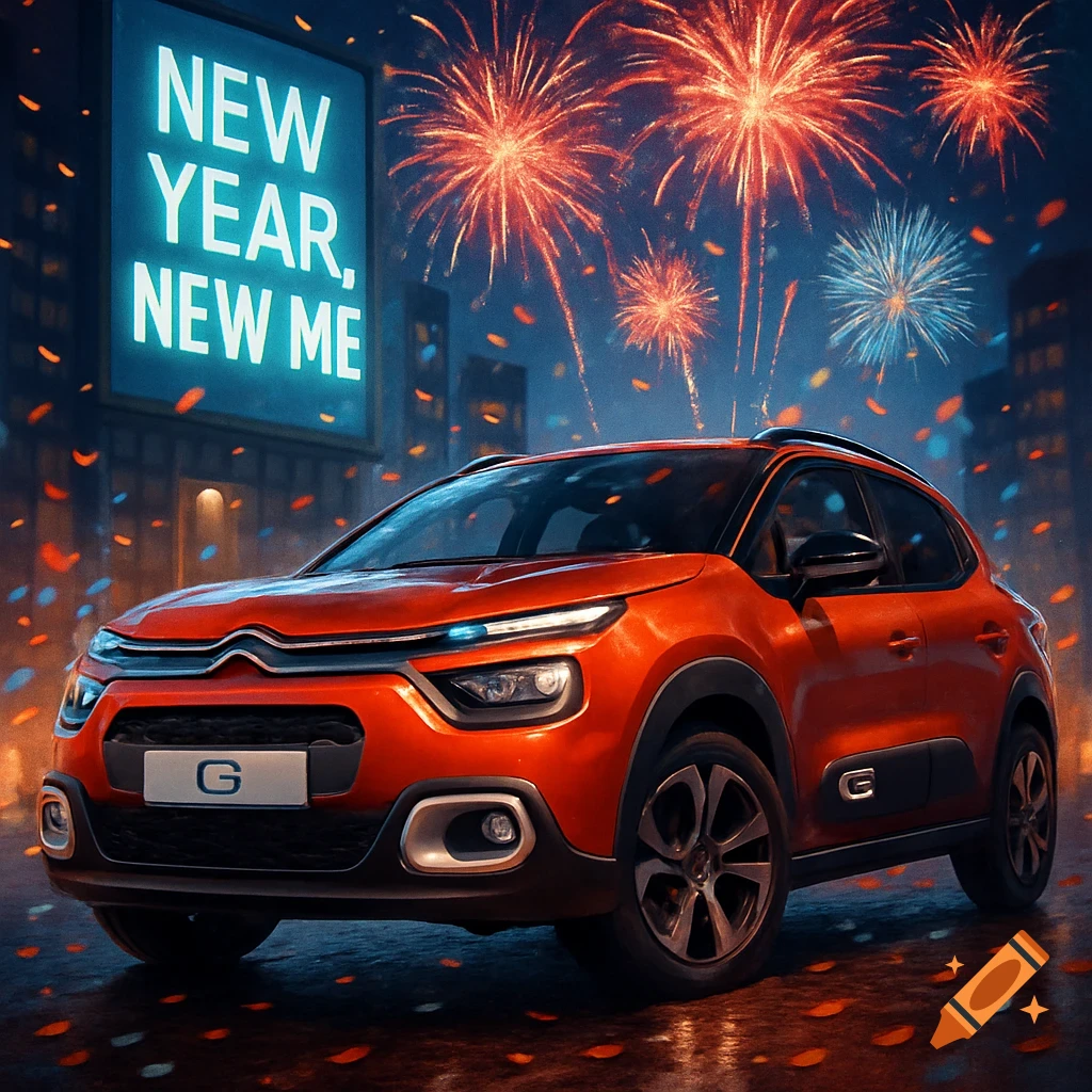 An orange Citroen C3 car is parked at night under a neon sign displaying "NEW YEAR, NEW ME," with fireworks exploding in the sky and confetti falling. Photorealistic style.