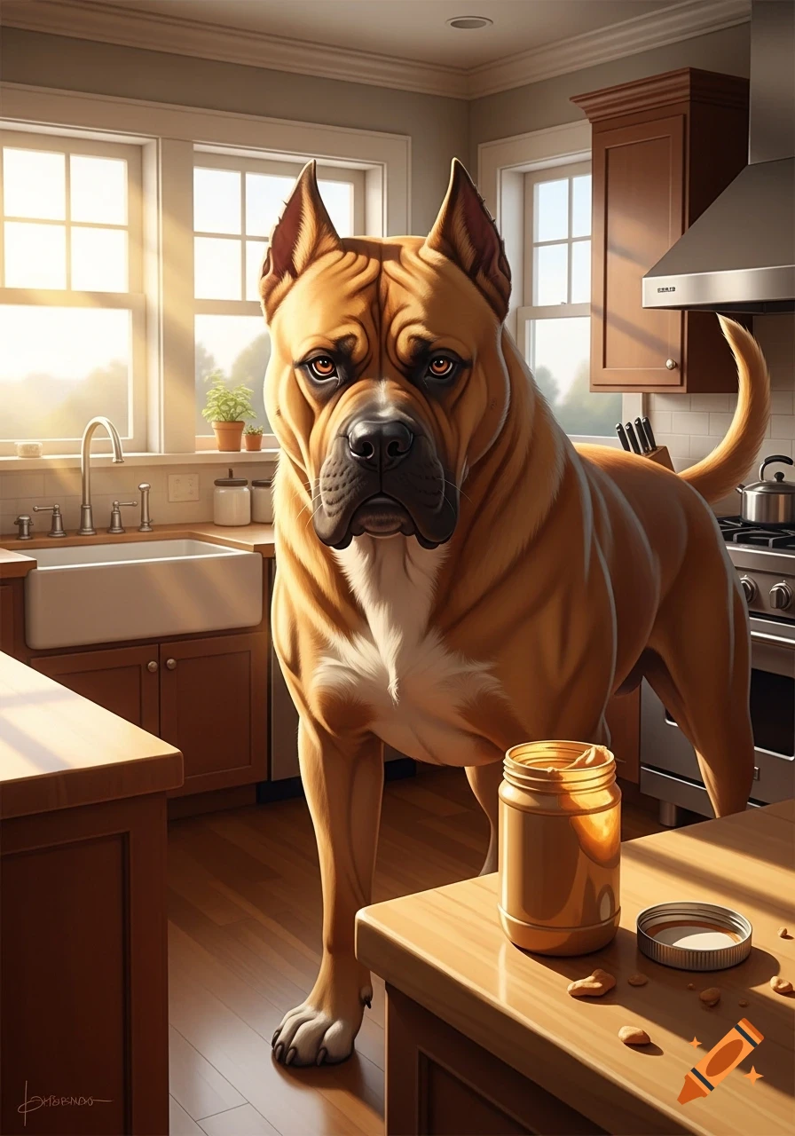A large tan dog with an intense gaze stands in a sunny kitchen next to an open peanut butter jar on the counter.