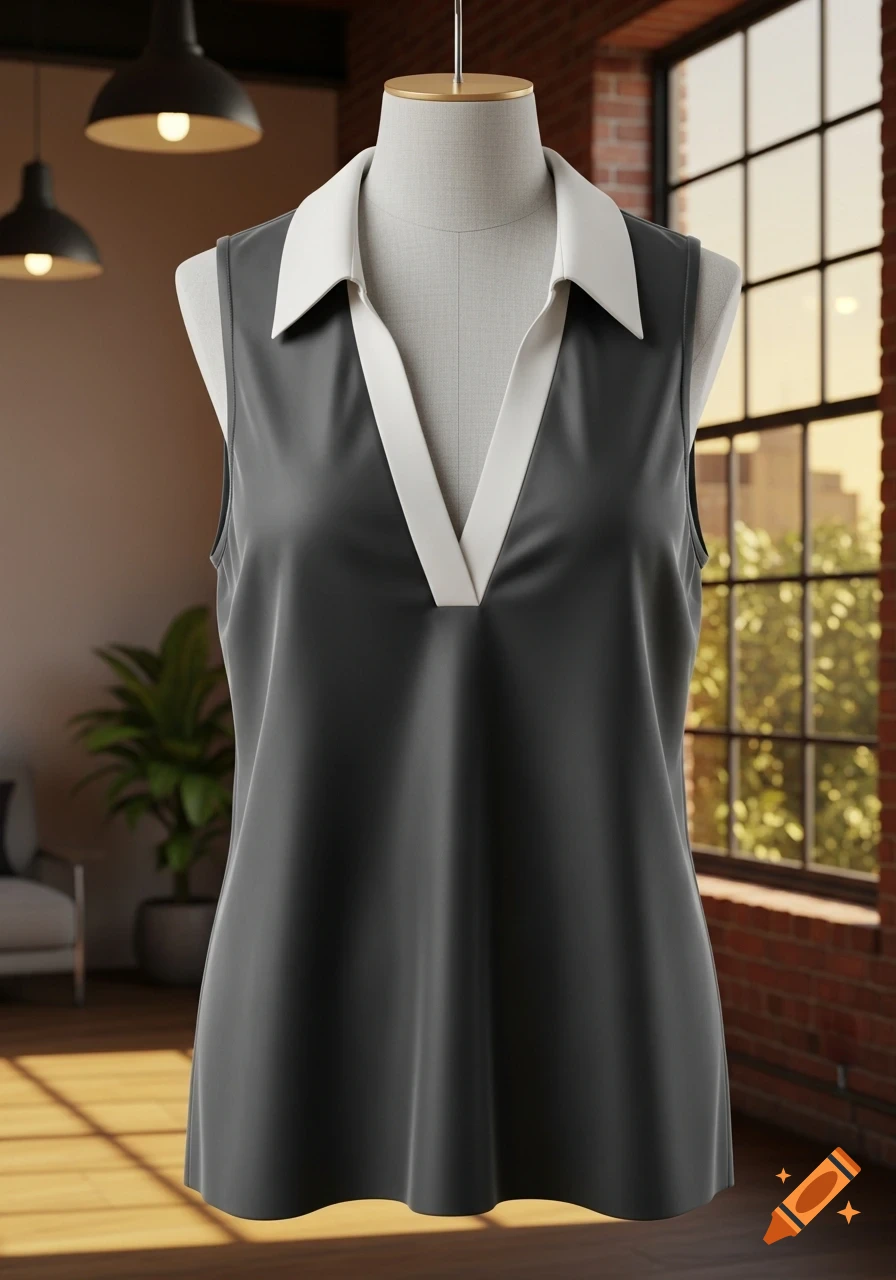 A gray collared tank top on a mannequin in a room with industrial-style windows and pendant lights.