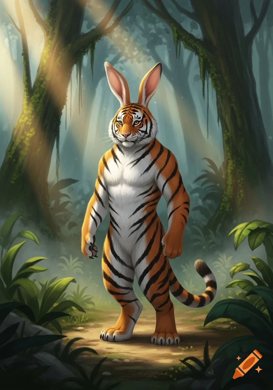 A muscular anthropomorphic tiger with rabbit ears stands in a sun-drenched jungle.