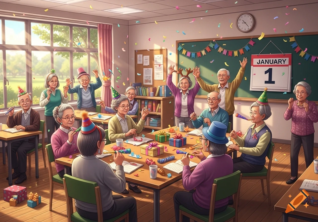 A diverse group of senior citizens in a brightly lit classroom celebrate the New Year with party hats, gifts, confetti, and party favors.