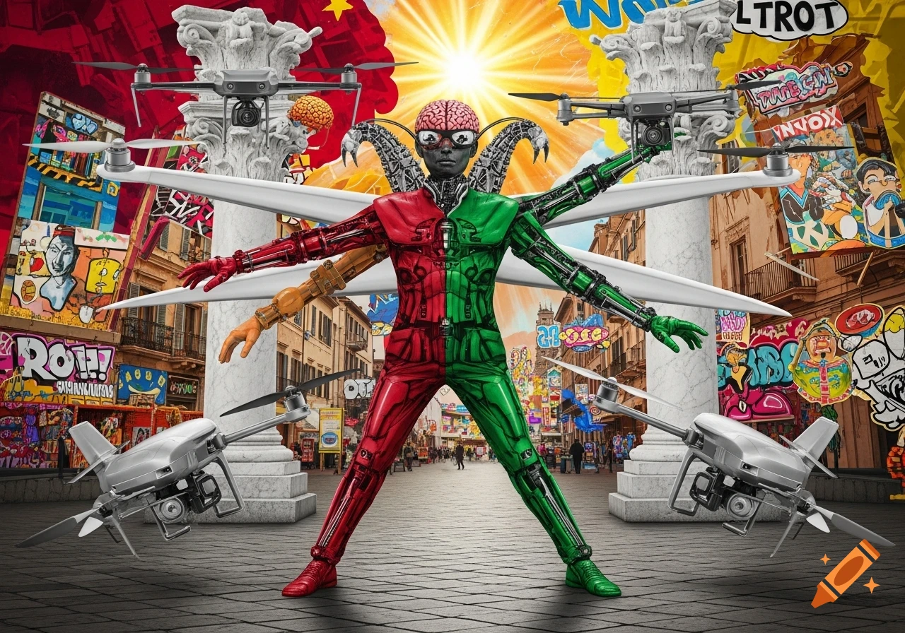A surreal human-drone hybrid figure, half red and half green with a visible brain, stands on a street against a chaotic, graffiti-covered urban background with columns.