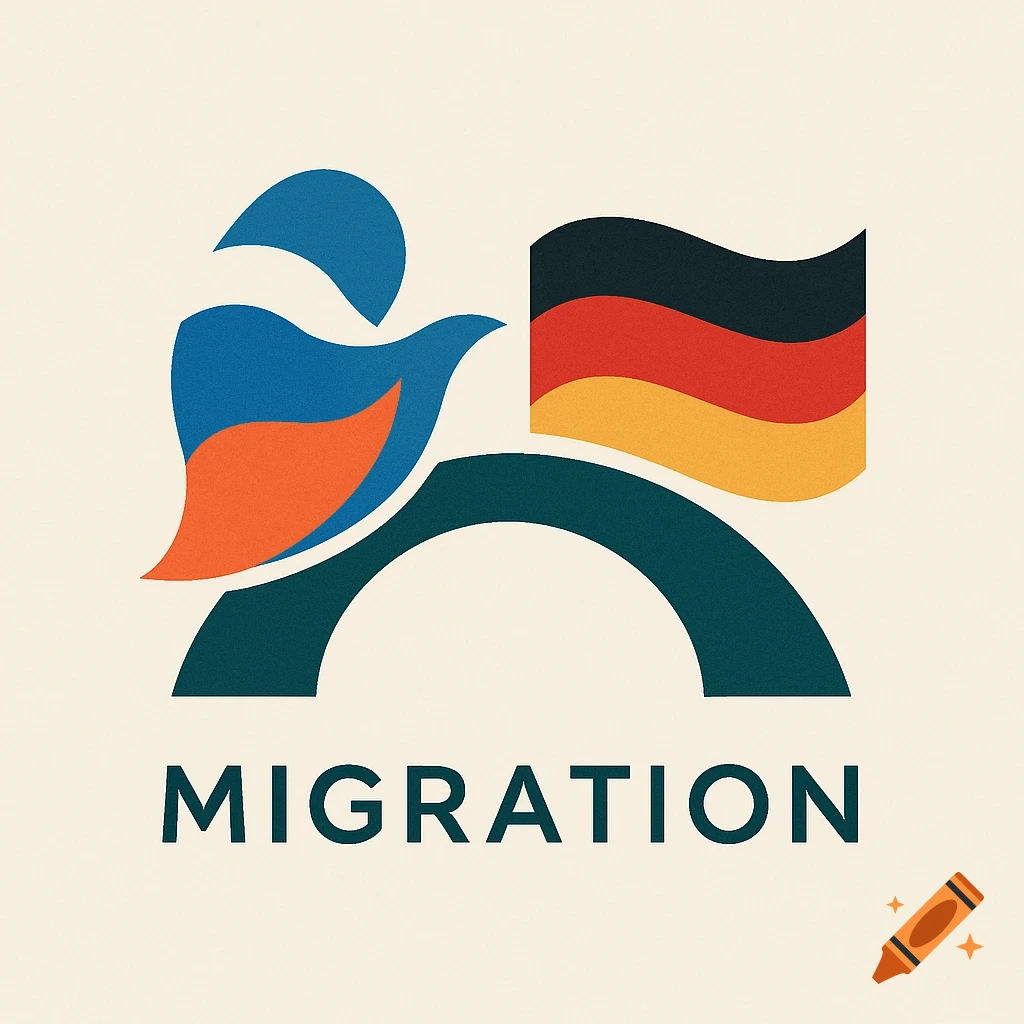 Stylized logo featuring a blue and orange bird flying over an arch towards a waving German flag, with the word 'MIGRATION' below.