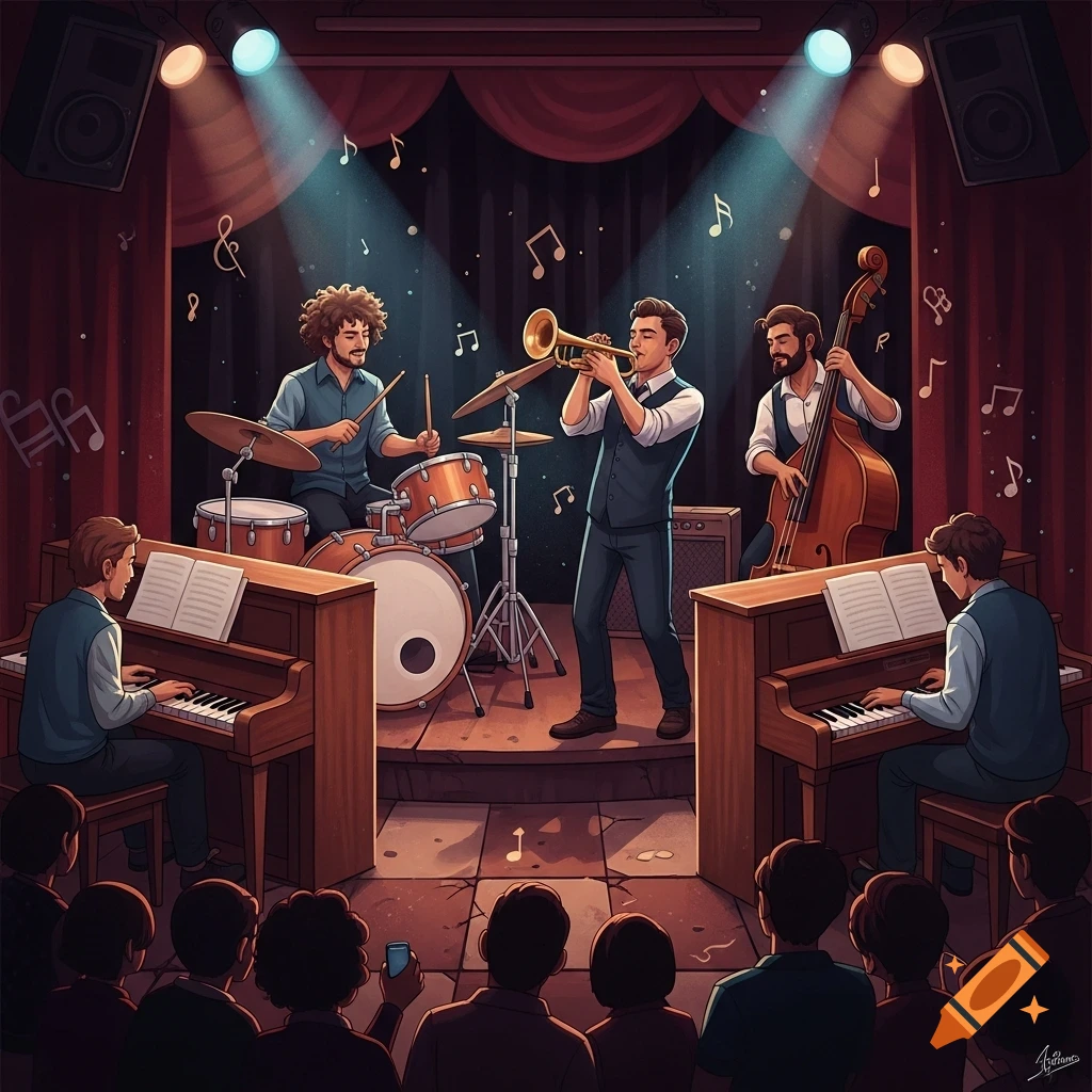 A stylized illustration of a jazz band with a drummer, trumpeter, bassist, and two pianists performing on stage for an audience.