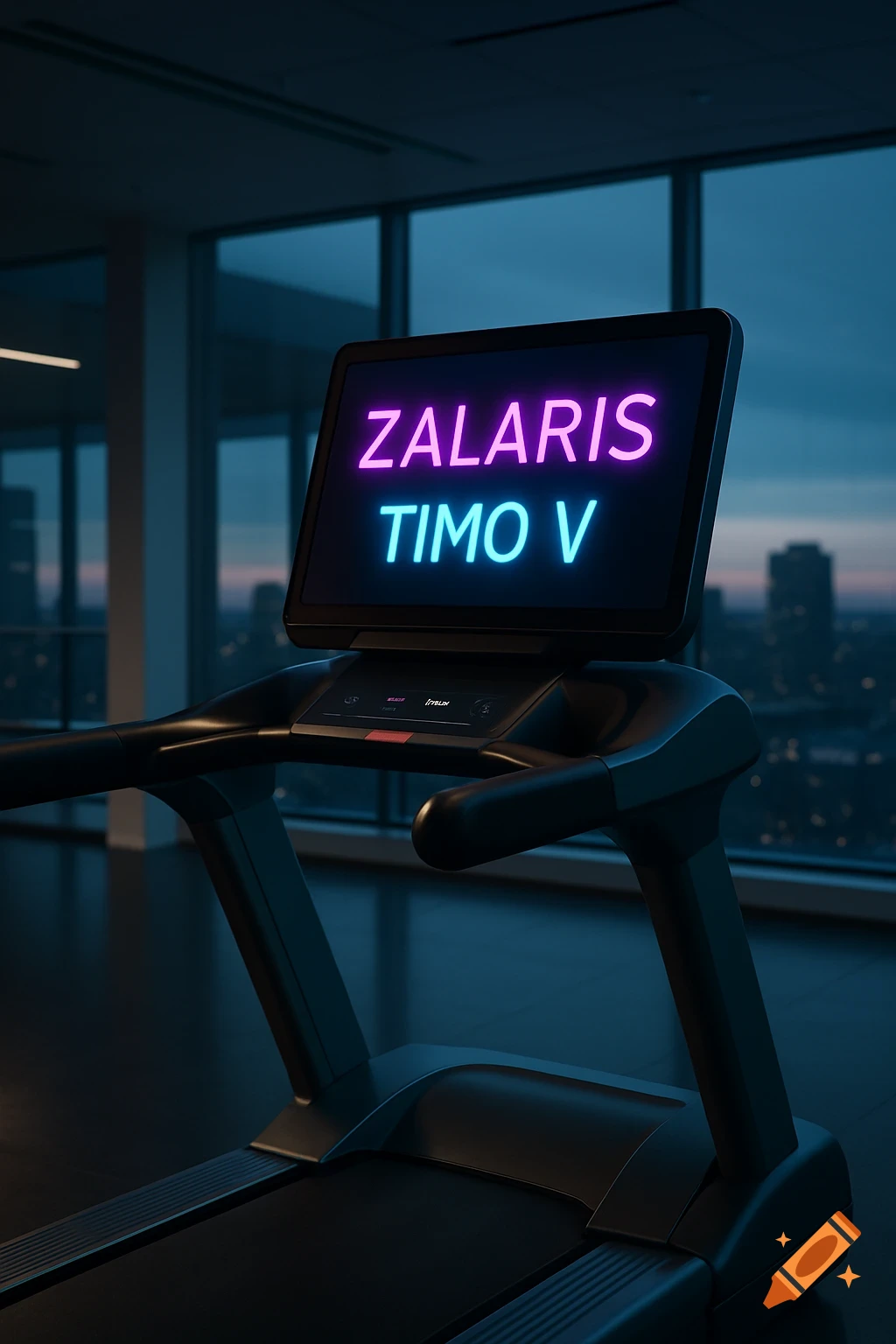 Modern treadmill with a glowing display showing 'ZALARIS' and 'TIMO V' in a dark gym overlooking a city at dusk.