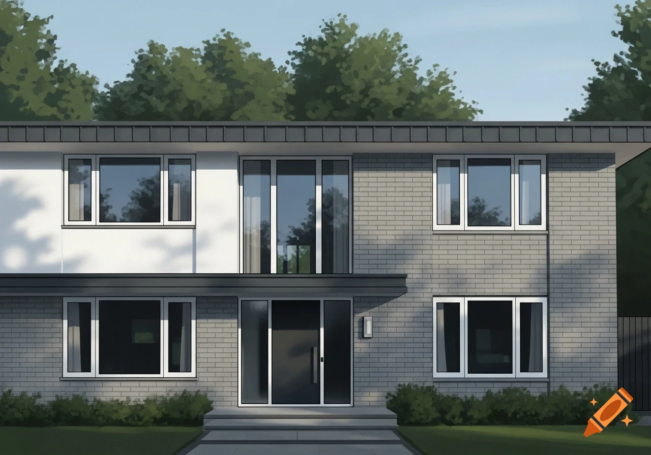 A modern house facade with white and grey brick, anthracite roof, white windows, and green landscaping in an illustrative style.