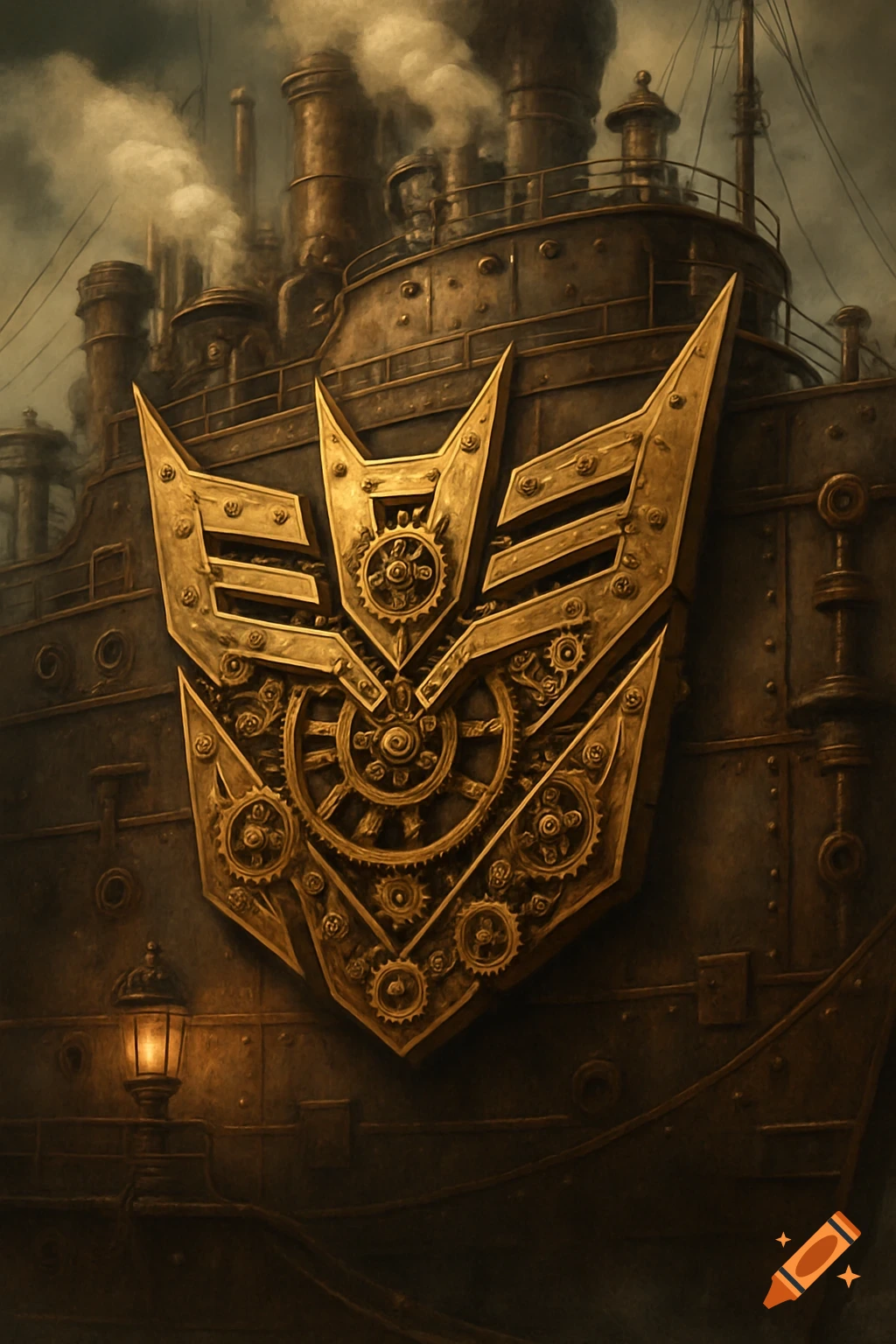 A golden steampunk Decepticon logo with intricate gears and cogs is affixed to the hull of a large, dark steam-powered battleship, with smoke rising from its stacks.