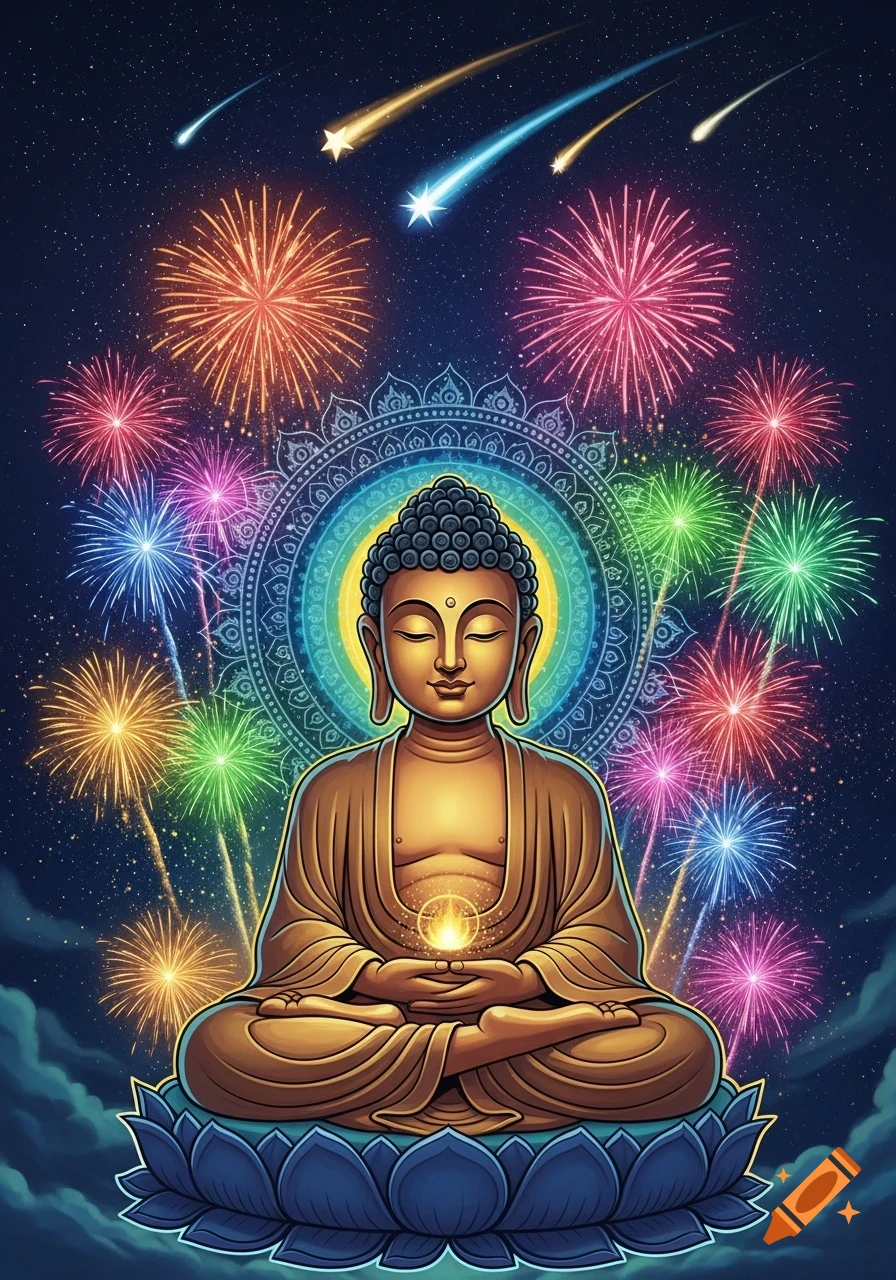 A serene, comic-style Buddha meditates on a blue lotus, surrounded by vibrant fireworks and shooting stars against a starry night sky. A colorful mandala halo frames the Buddha's head.