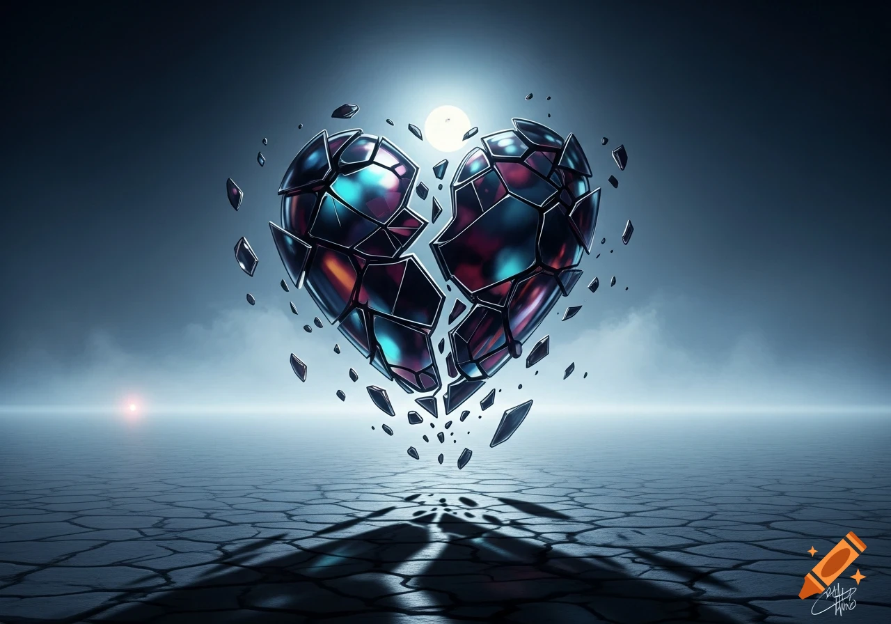 A shattered, glowing metallic heart floats above cracked earth under a full moon in a dark, abstract style.