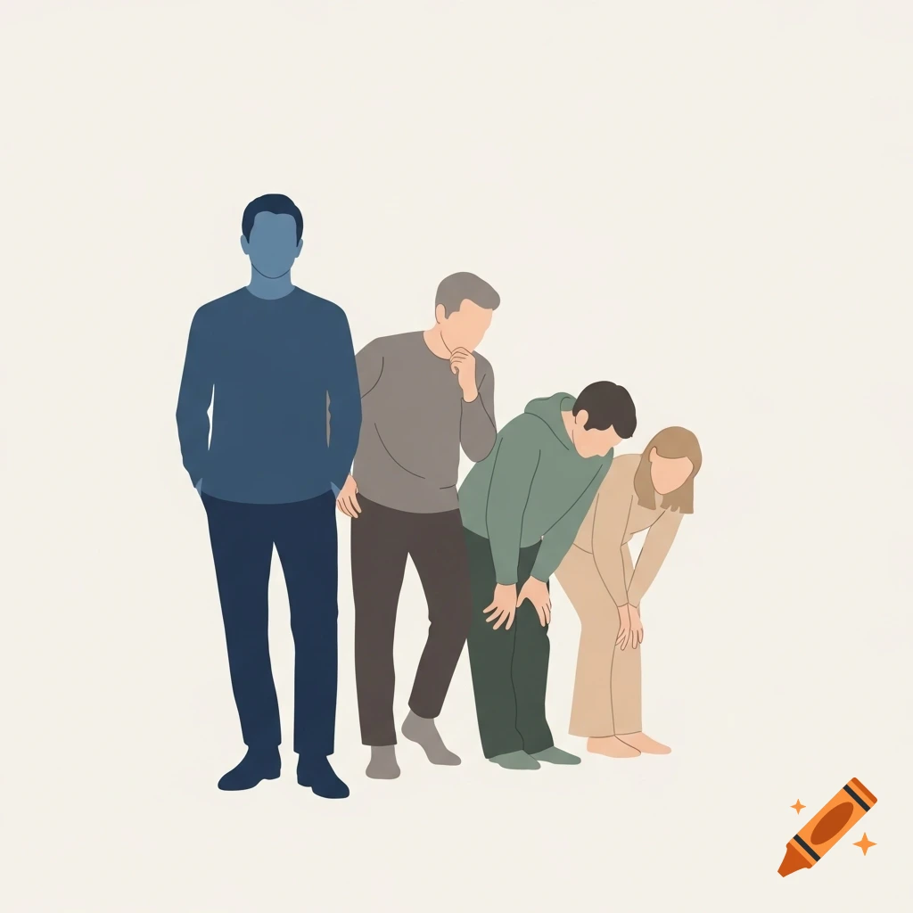 Four minimalist, colorful human silhouettes in distinct poses against a plain background, arranged by depth.