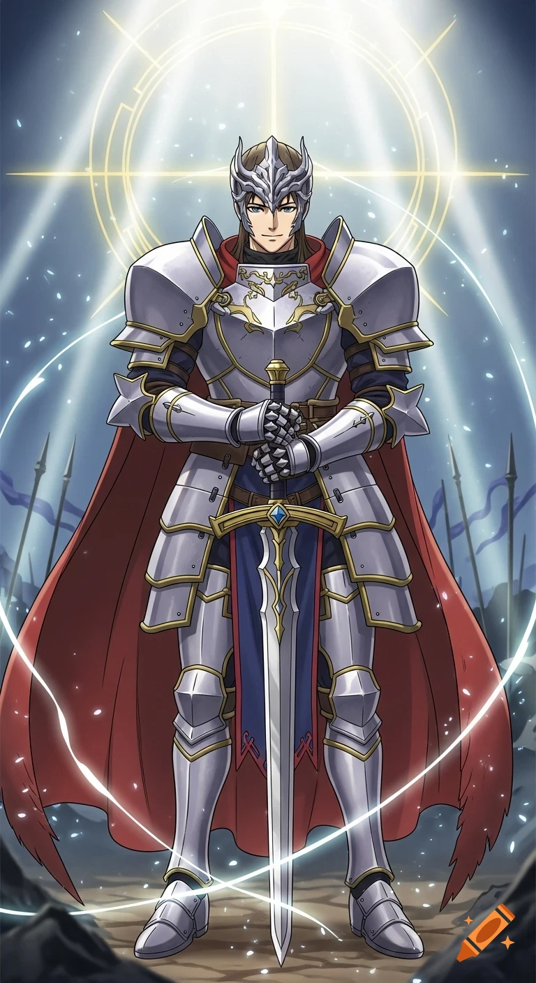 Anime-style illustration of a knight in shining silver and gold armor with a red cape, holding a sword on a mystical battlefield.