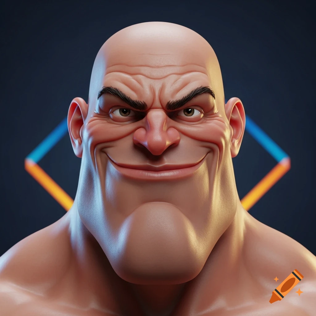 3D render of a bald, muscular, cartoon-style man with a wide jaw and confident smirk against a dark background with neon light accents.