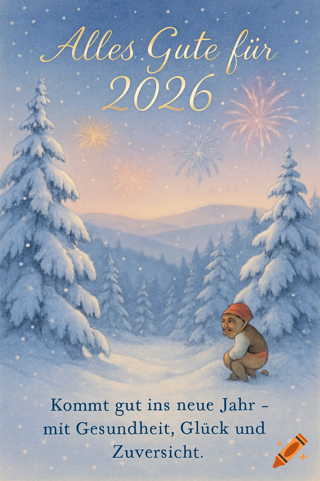 A New Year's greeting card showing a snowy forest at twilight with fireworks, a small Caganer figure, and German text.