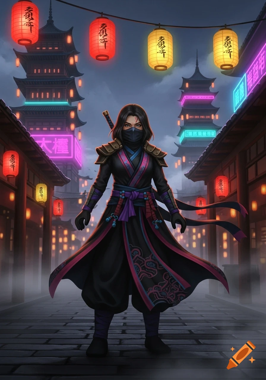 A masked ninja in black and purple armor stands in a neon-lit, Japanese-style street with pagodas and red lanterns at dusk.