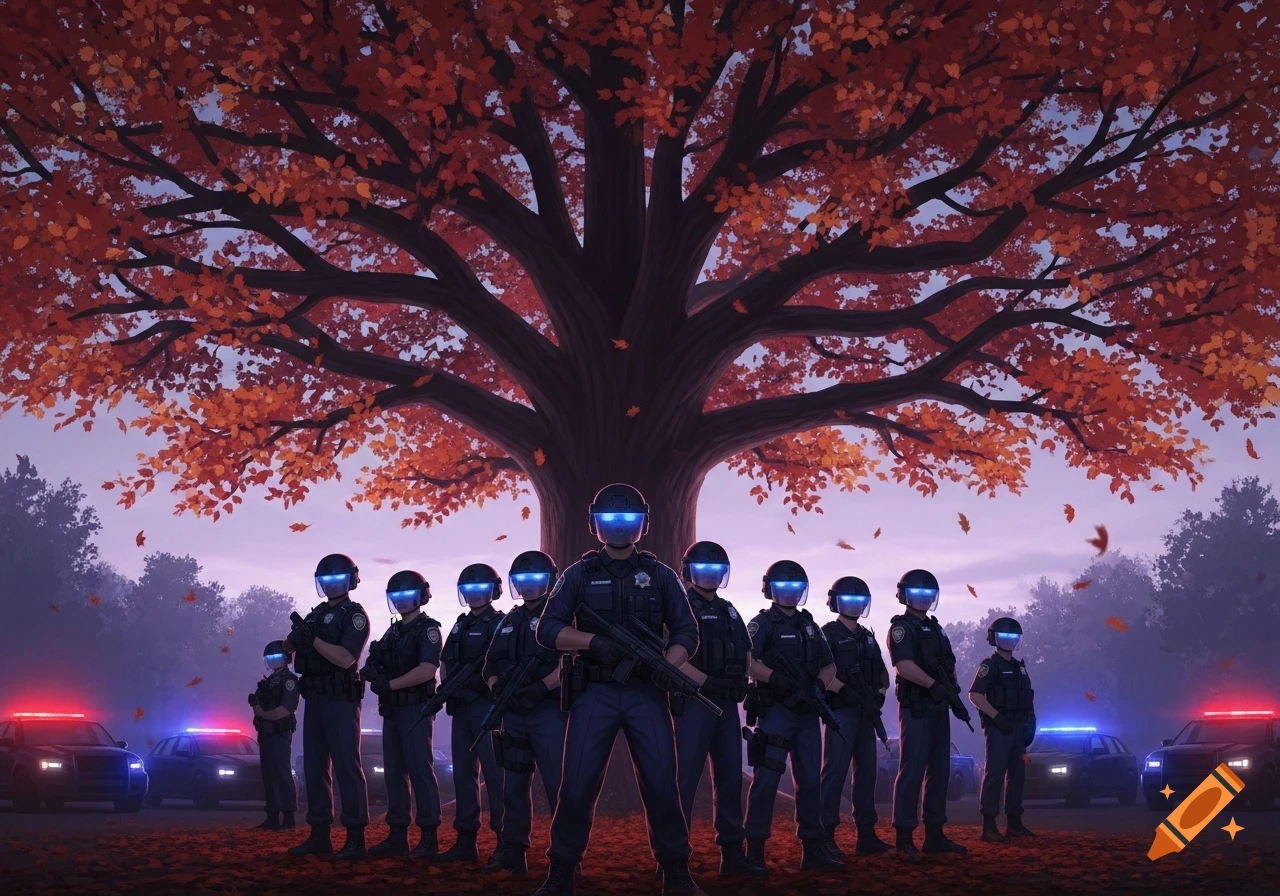 Stylized illustration of a group of police officers with glowing blue visors standing under a red-leafed autumn tree with patrol cars.