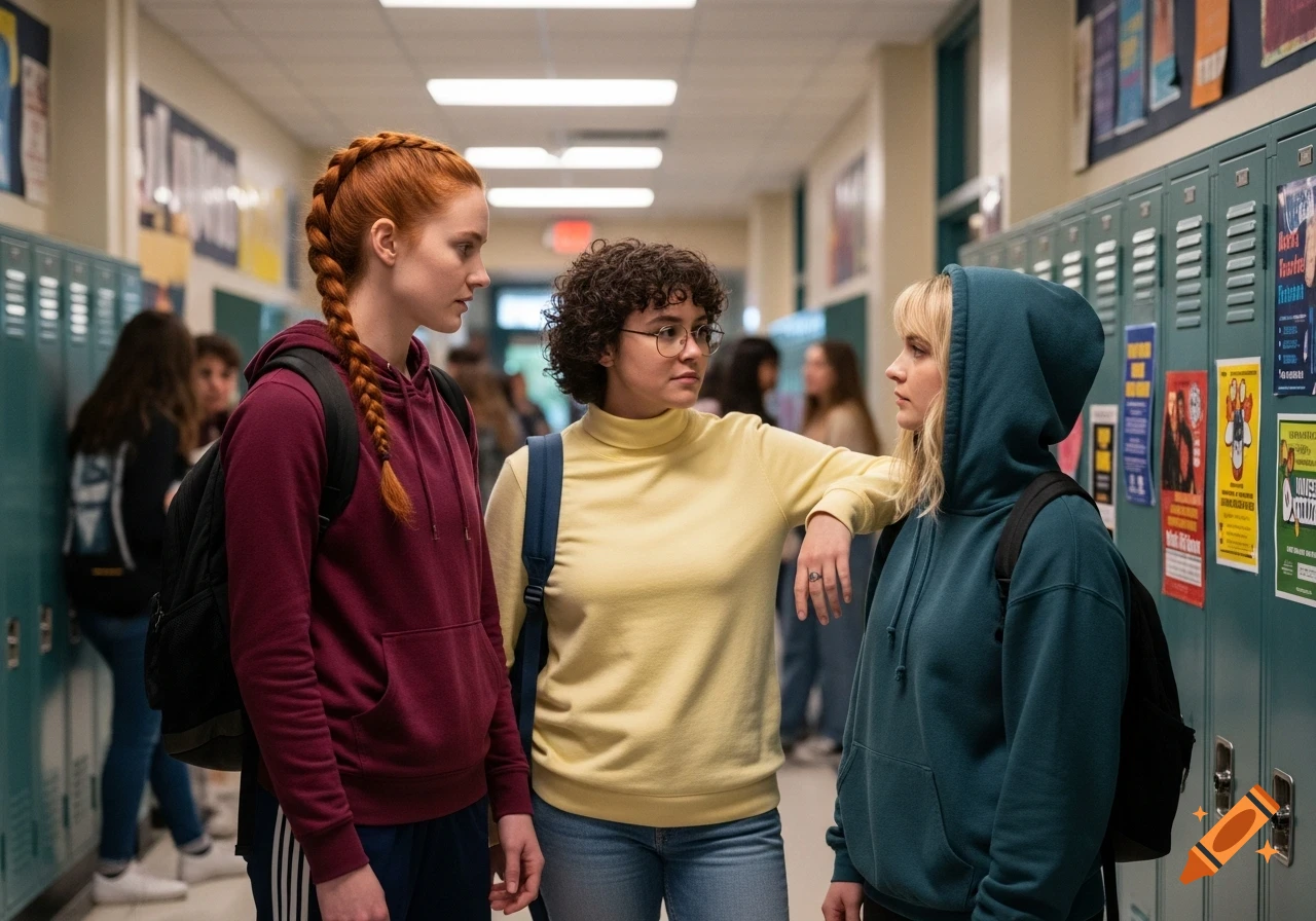 Three young women, a redhead, a brunette, and a blonde in a teal hoodie, stand talking in a school hallway.