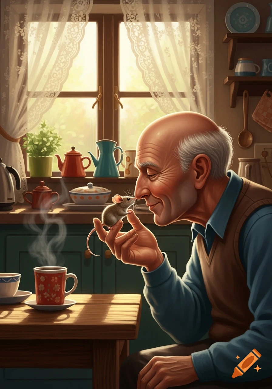 An old bald man in a cozy kitchen smiles as he gently holds a small mouse to his nose, with steam rising from a coffee cup nearby. The image has an illustrative style.