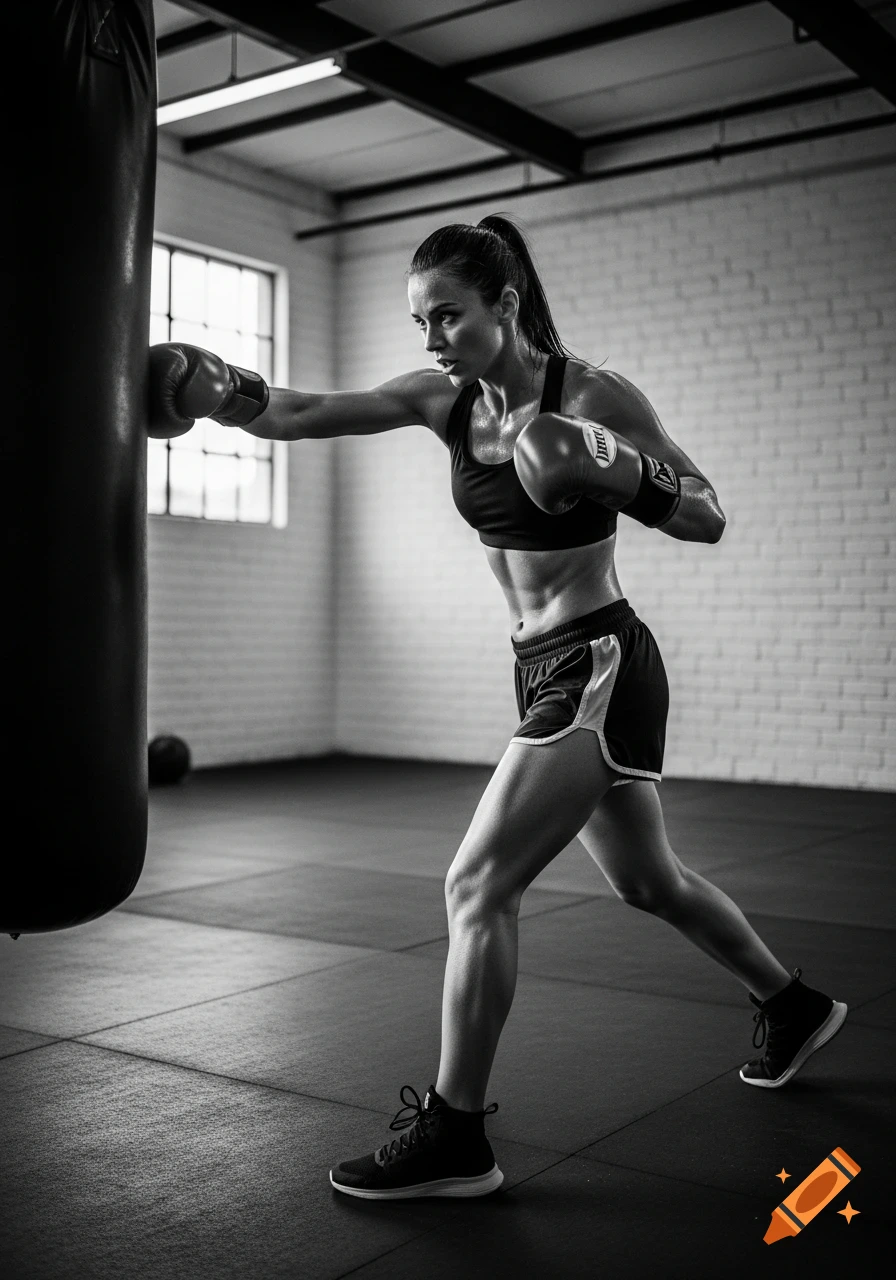 Black and white photorealistic image of a female boxer throwing a punch at a heavy bag in a gym.