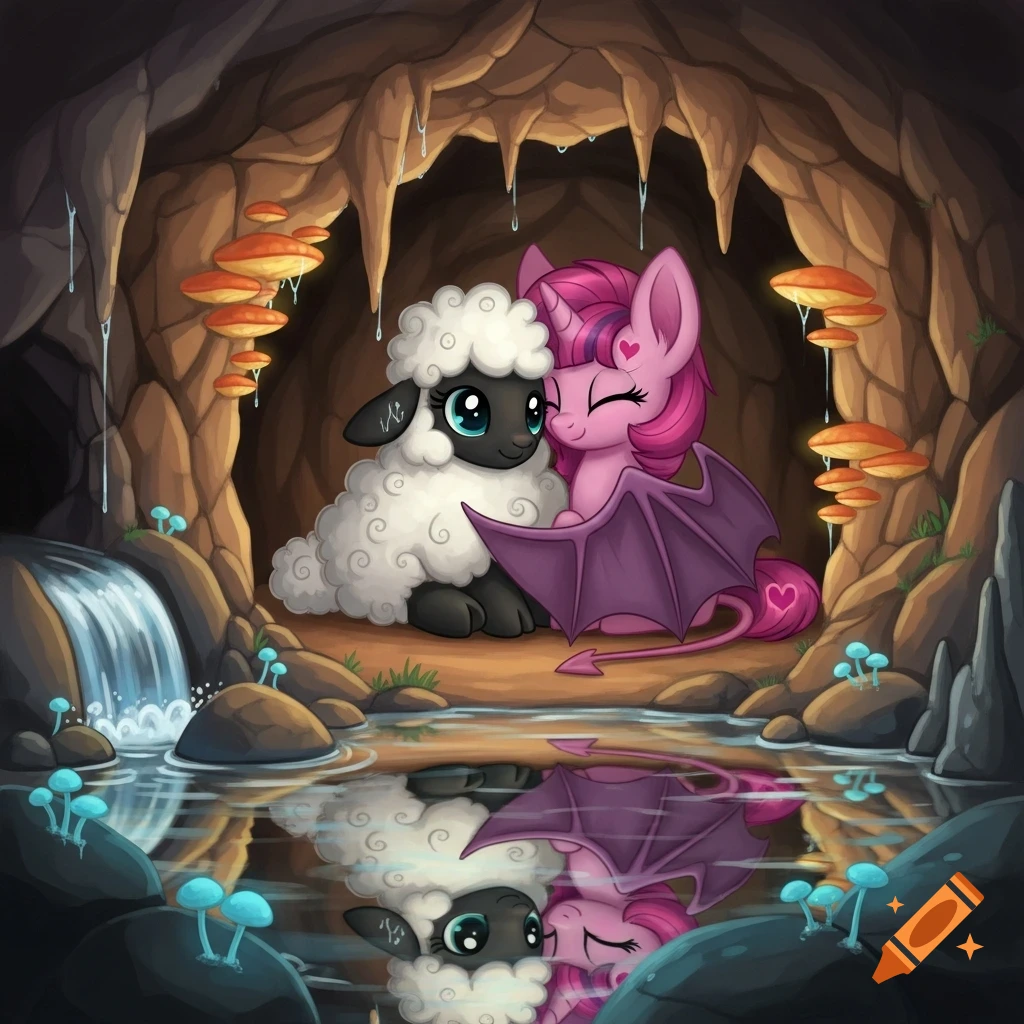 A cartoon black sheep and a magenta bat pony with a heart cutie mark snuggle in a cave with a waterfall and reflective water.