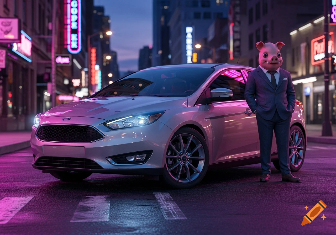 A man in a pig mask and suit stands beside a silver Ford Focus on a neon-lit city street at night.