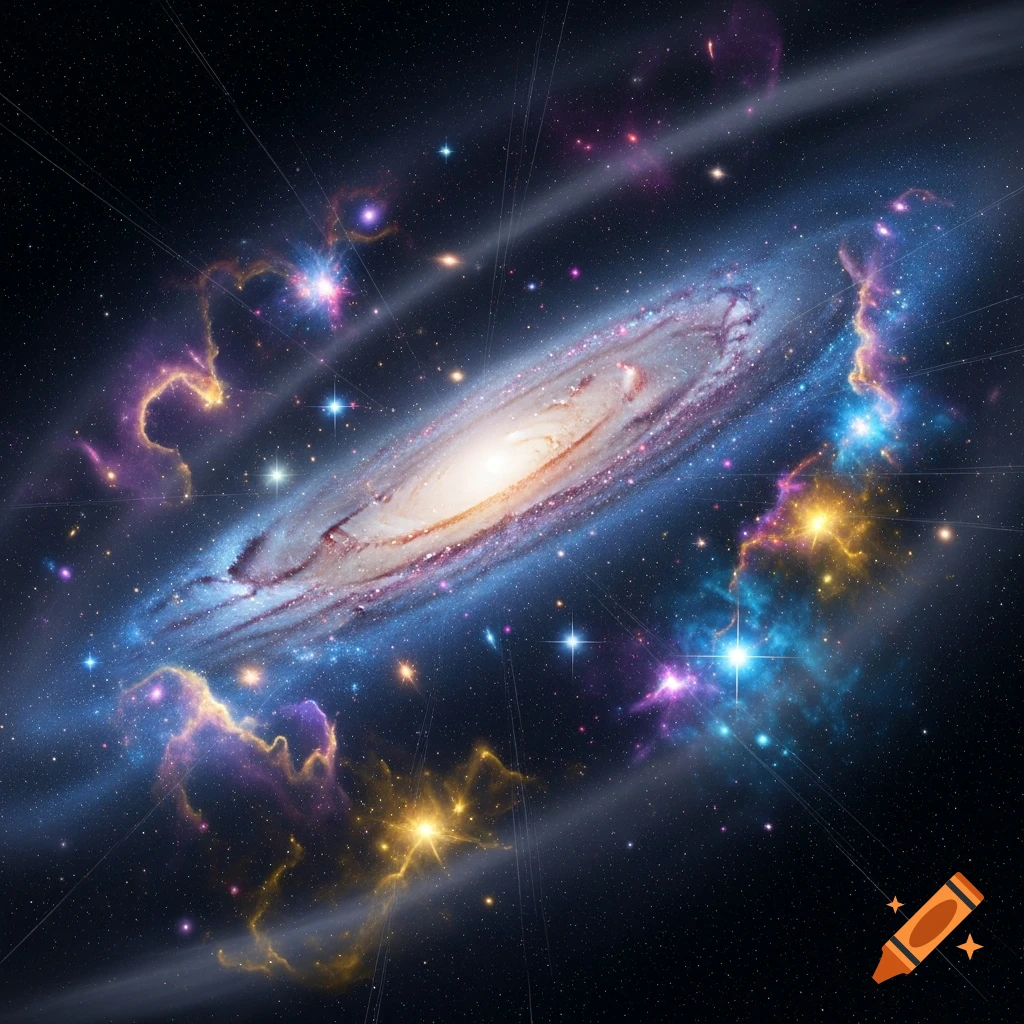 A vibrant spiral galaxy with a bright central core, surrounded by colorful nebulae and numerous stars in deep space.