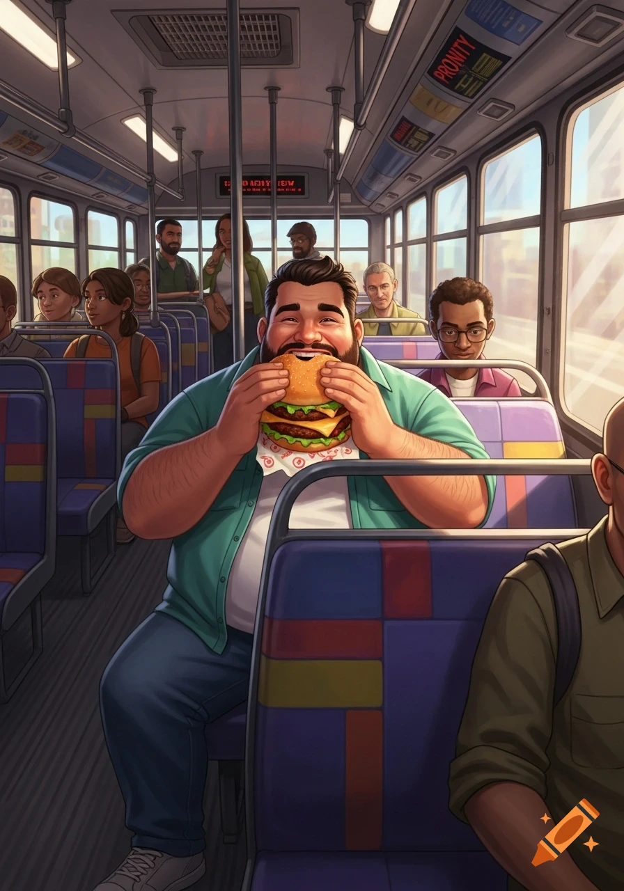 An illustration of a smiling man eating a large burger on a bus with other passengers around him.
