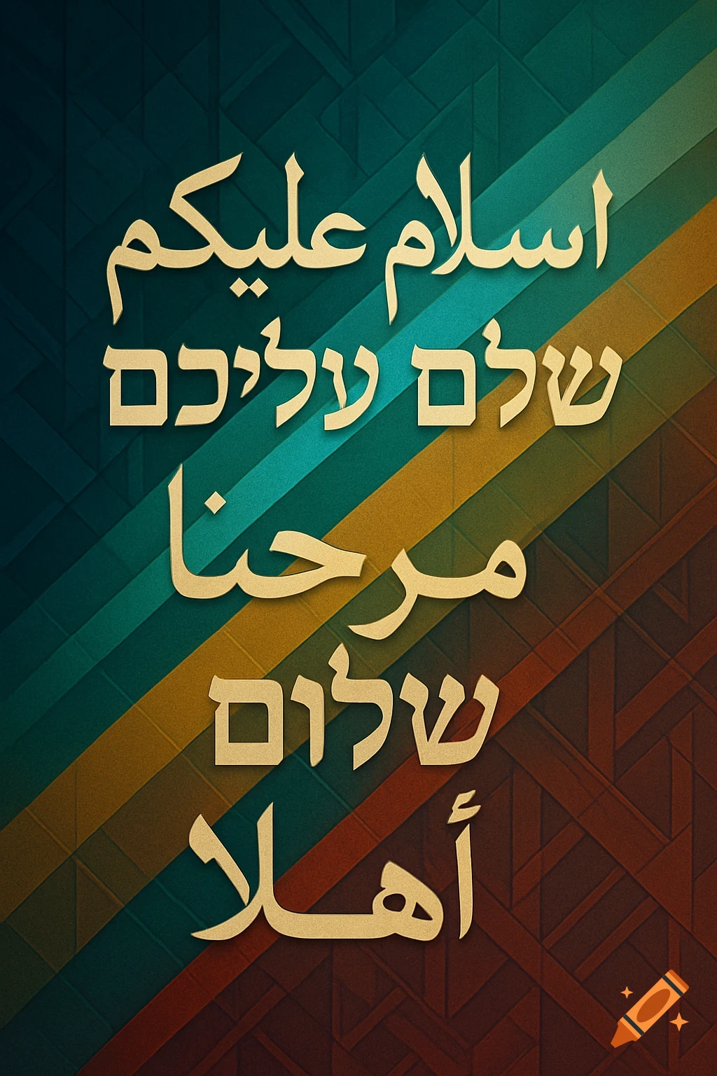 Golden Arabic and Hebrew greetings on a background of diagonal teal, gold, and brown textured stripes.