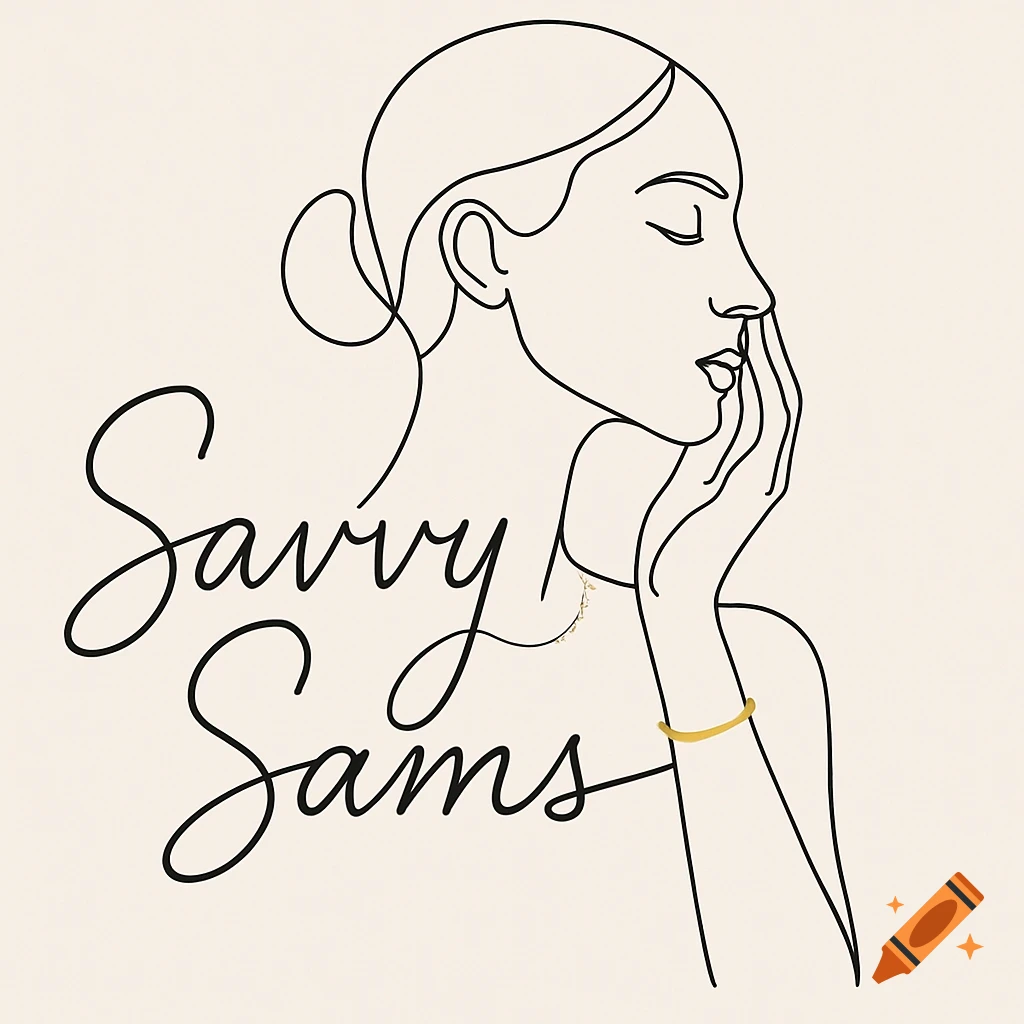 Minimalist line art logo featuring a woman's profile with closed eyes and a hand touching her face, wearing a gold bracelet and necklace, with the script words 'Savvy Sams' in the foreground.