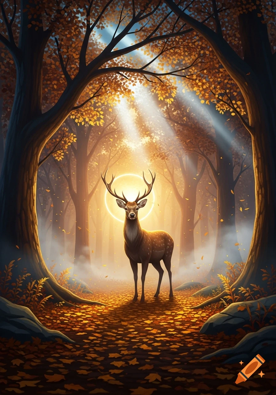 A majestic stag with a glowing halo stands in a mystical, golden autumn forest with sunbeams shining through the trees, in a fantasy art style.