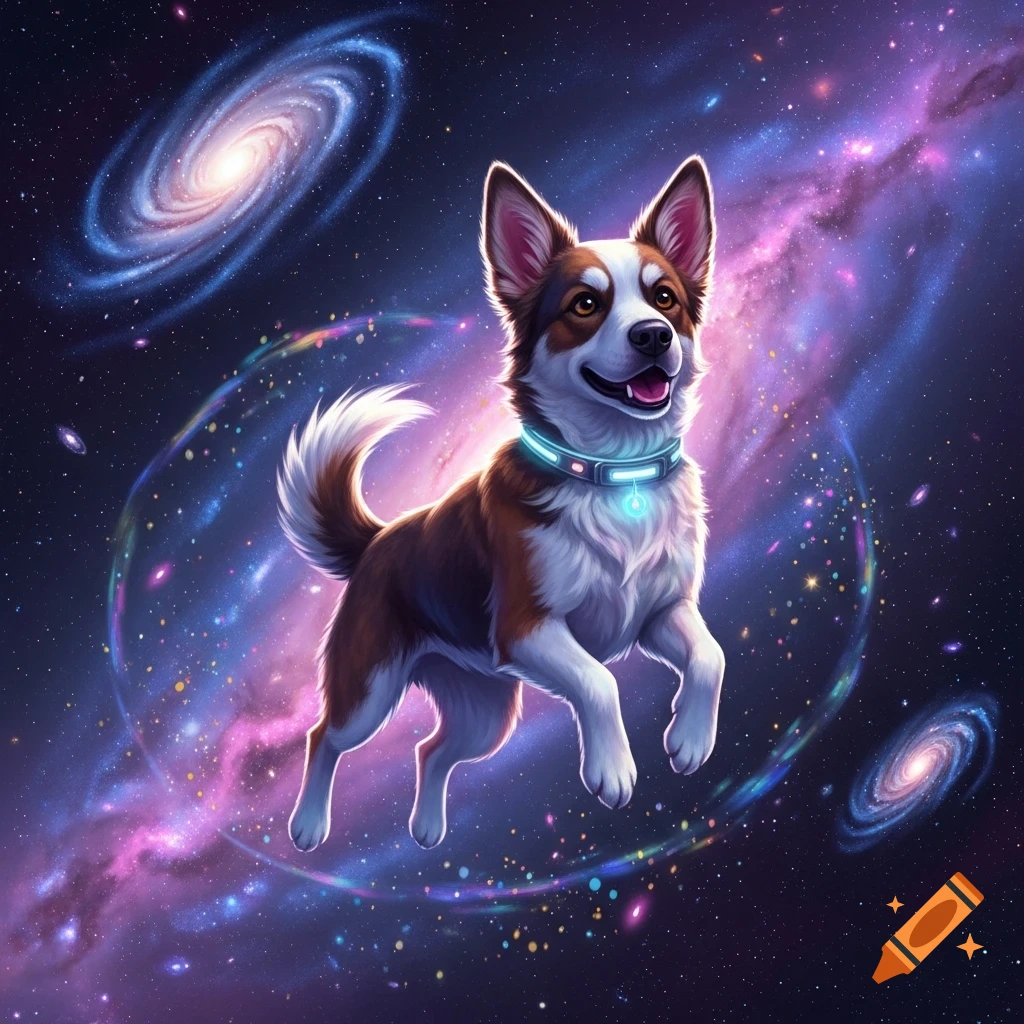 A happy brown and white dog with a glowing collar floats in a vibrant, colorful cosmic scene with galaxies and nebulae.