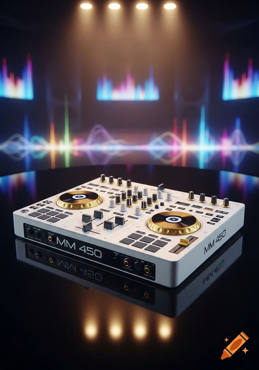 Photorealistic white DJ mixer with golden knobs on a reflective surface, with colorful sound waves and spotlights in the blurred background.