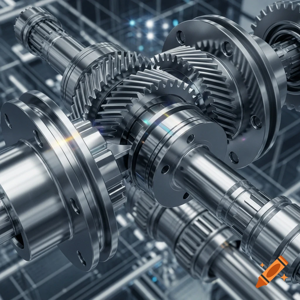 Close-up of shiny metallic gears and shafts in a complex mechanical system with a blurred technical background.