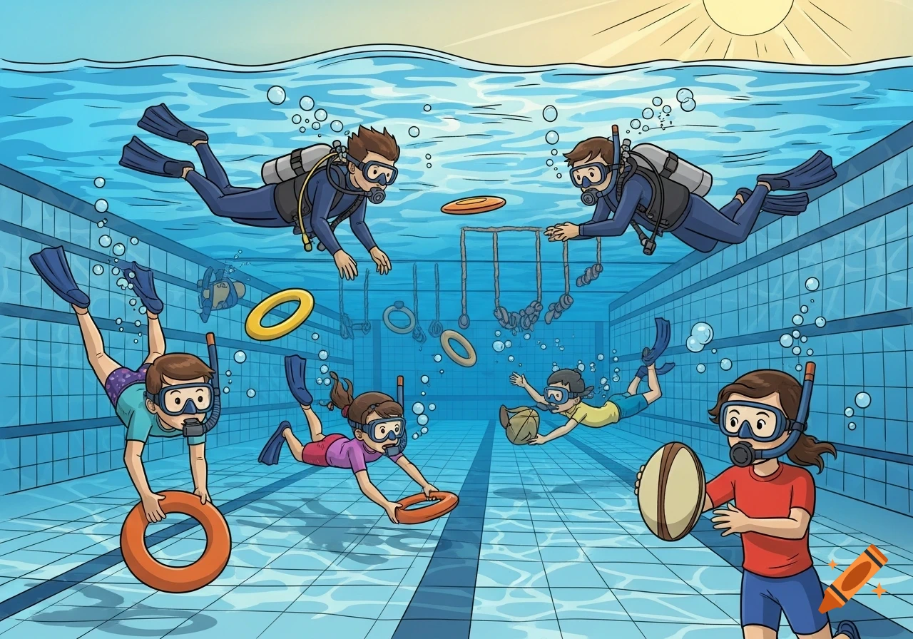 Children in snorkel gear and adults in scuba gear play with toys underwater in a swimming pool, depicted in comic style.