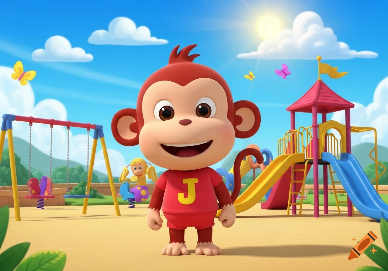 A smiling cartoon monkey in a red outfit with a yellow 'J' stands in a sunny playground with swings and slides.