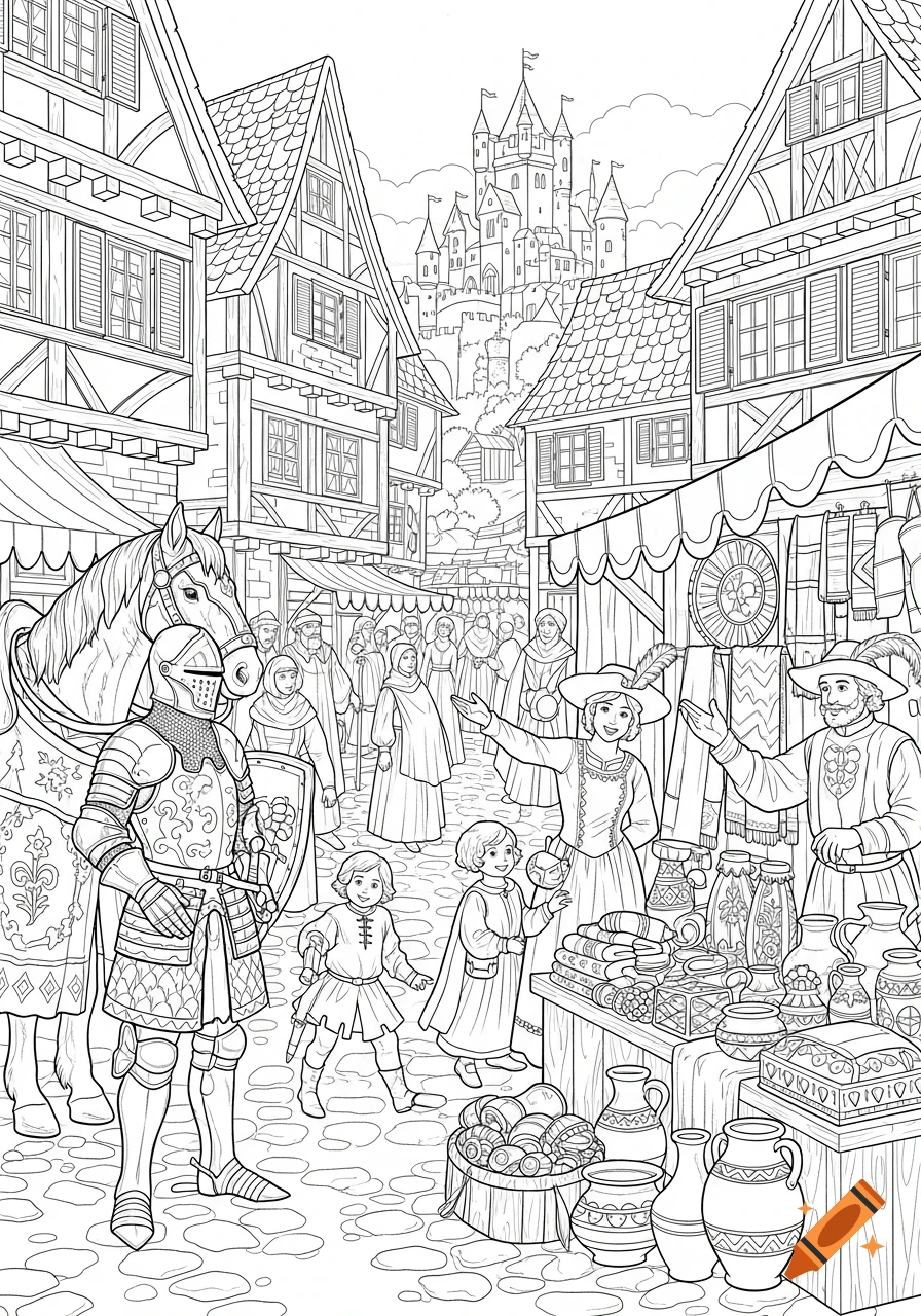 Detailed line art coloring page of a bustling medieval market scene with a knight, vendors, and a castle in the background.