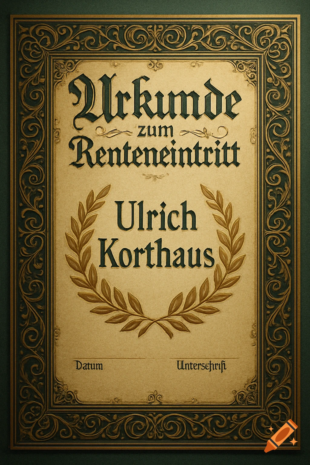 An ornate vintage-style German retirement certificate for Ulrich Korthaus, with a gold border and laurel wreath.
