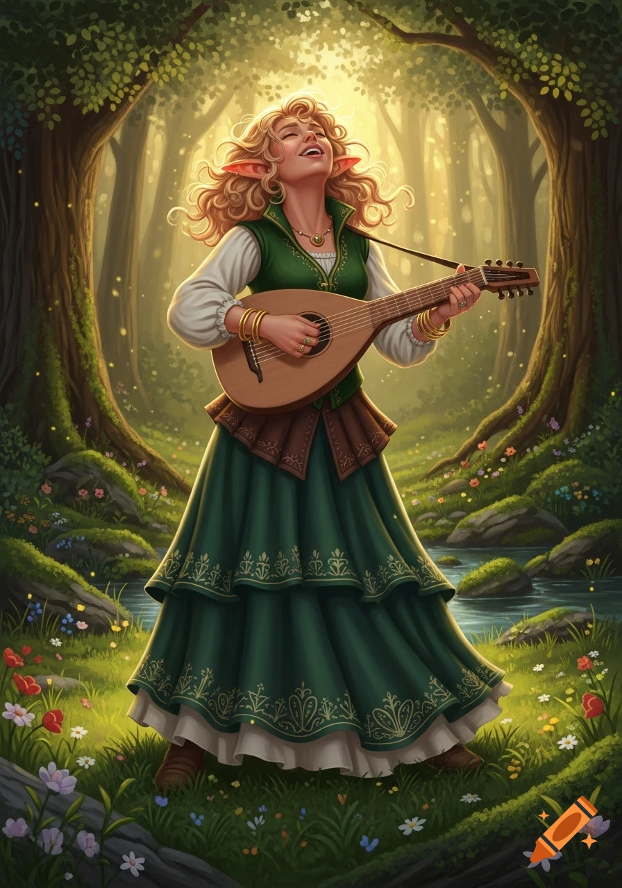 A joyful elf-like bard with curly blonde hair plays a lute in a sun-dappled enchanted forest beside a stream.