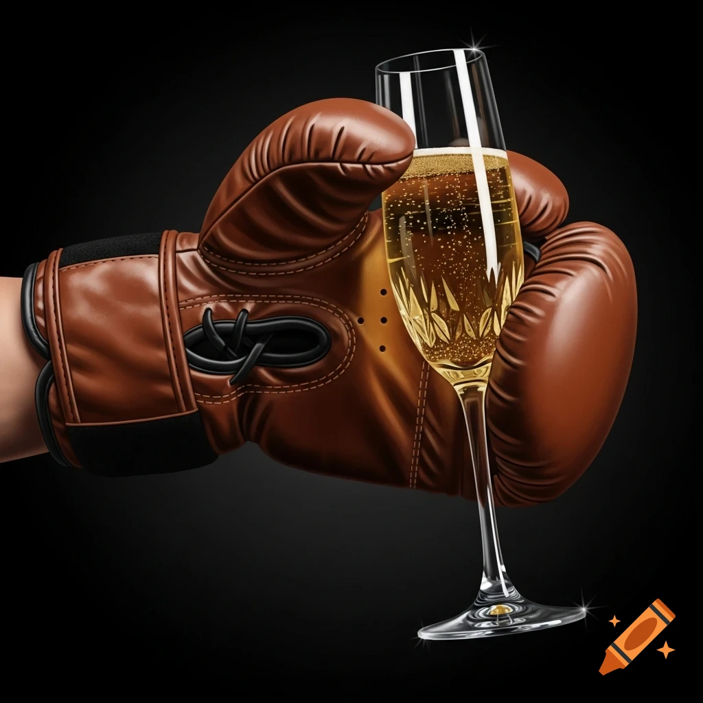 A photorealistic image of a brown boxing glove holding a glass of champagne against a black background.