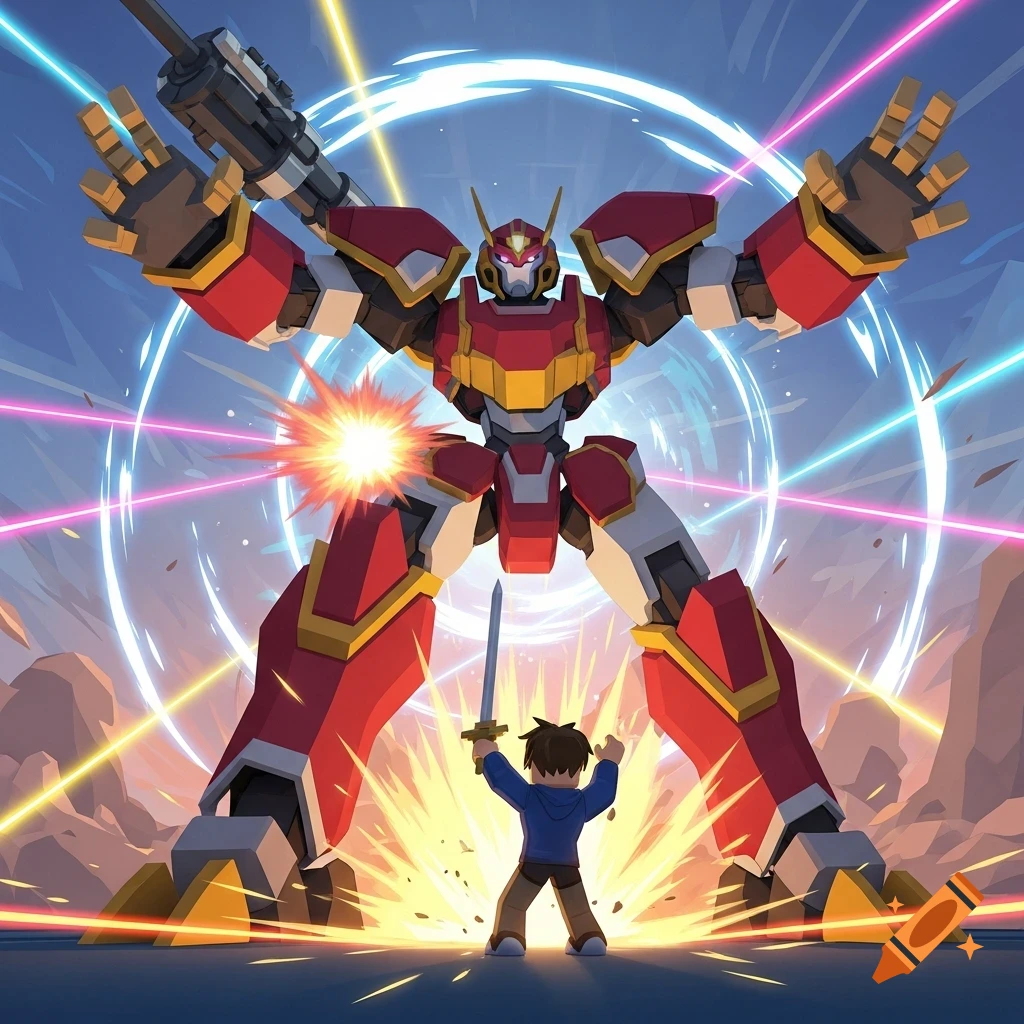 A small Roblox player with a sword faces a giant red and gold mecha amidst laser beams and an explosion, in a stylized, low-poly art style.