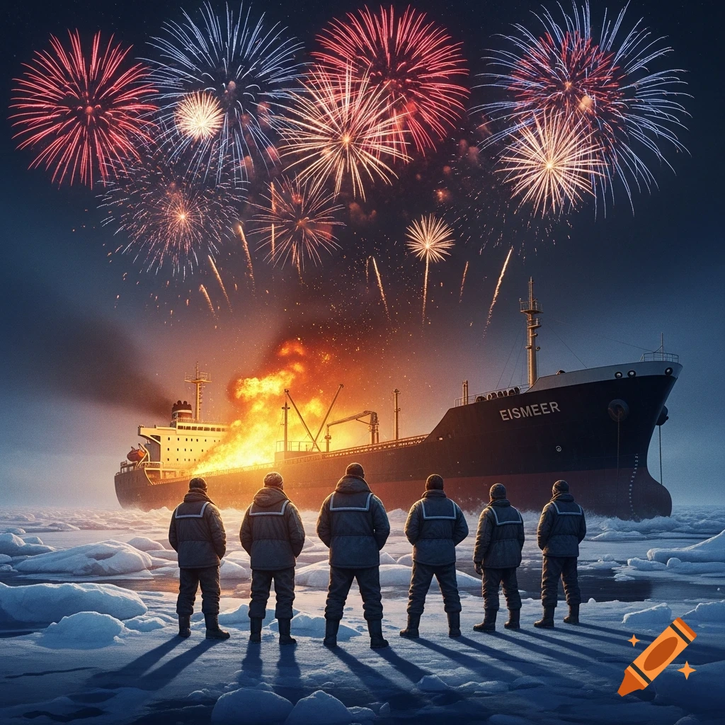 People in winter gear watch fireworks light up the sky above a burning oil tanker in an icy landscape.