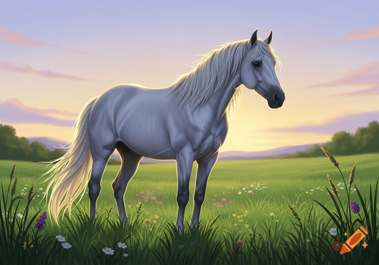 An illustration of a majestic white horse standing in a vibrant green field with wildflowers at sunset.